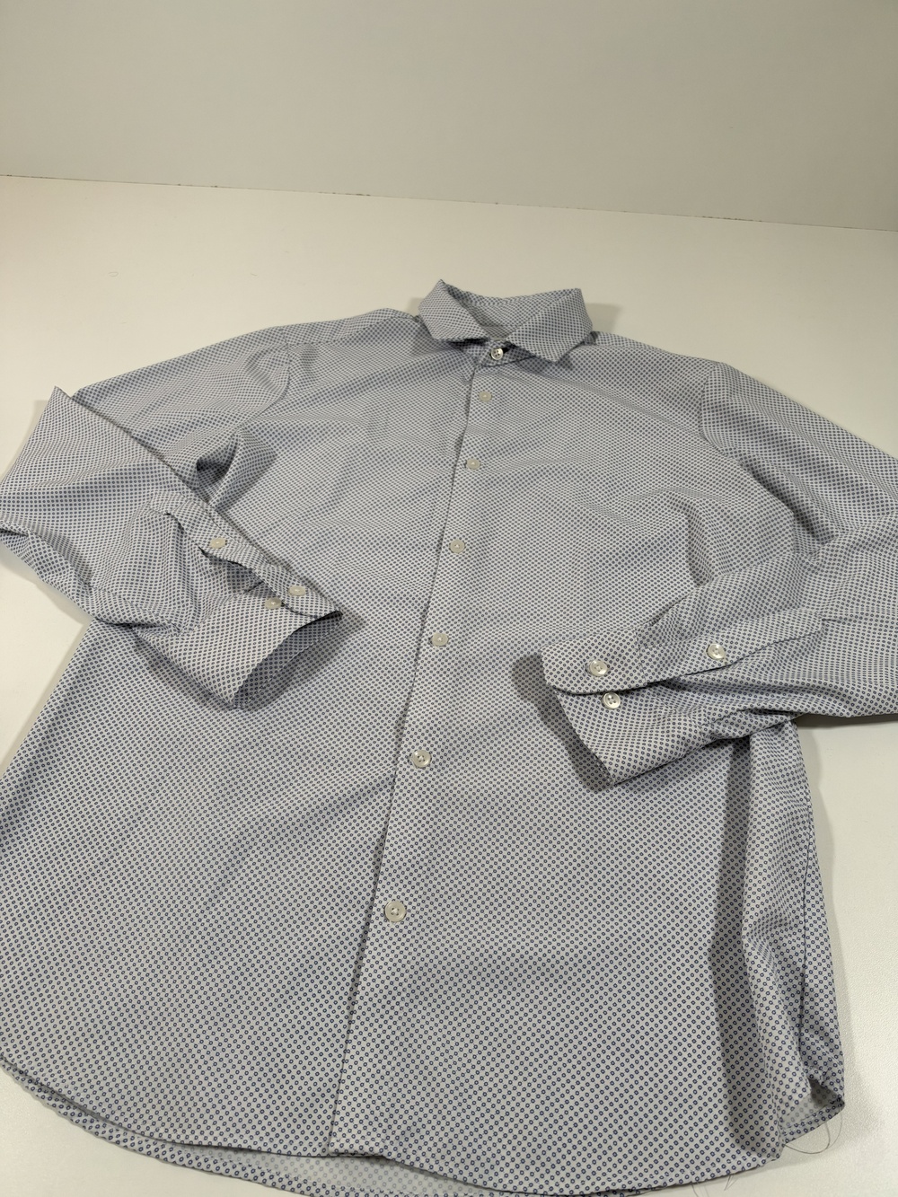 Mizzen+Main Dress Shirt Mens L Blue Geometric Leeward Trim Fit Stretch Non Iron